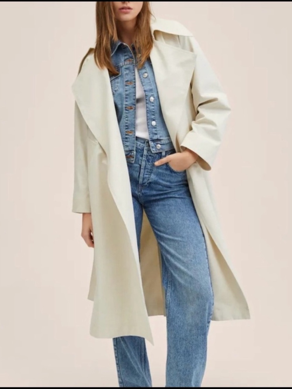 Mango oversized trench coat wrap style lapels cream size medium